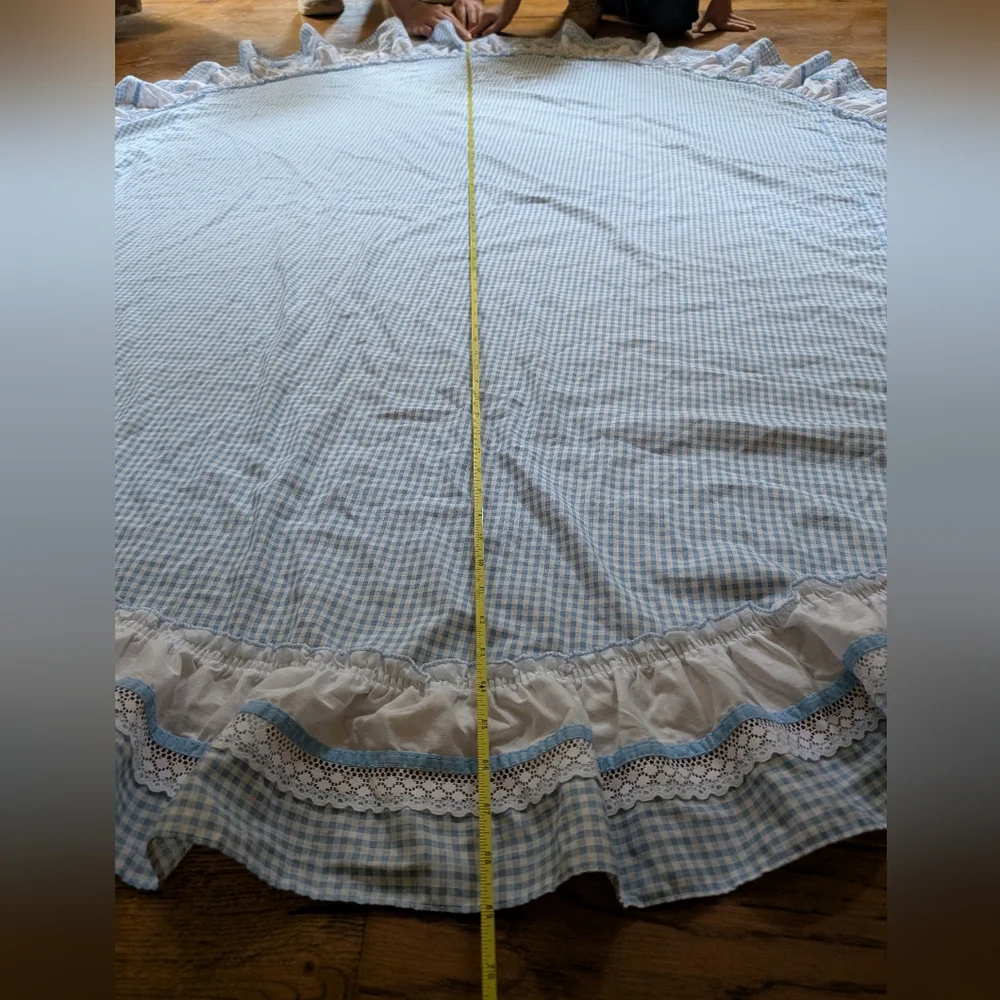 Vintage Blue and White Gingham Round Tablecloth with Ruffled Edge